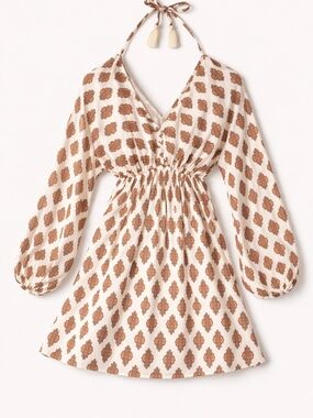 Flying Tomato Dress Ivory Boho Print Long Sleeve Mini Dress Women's Size Small